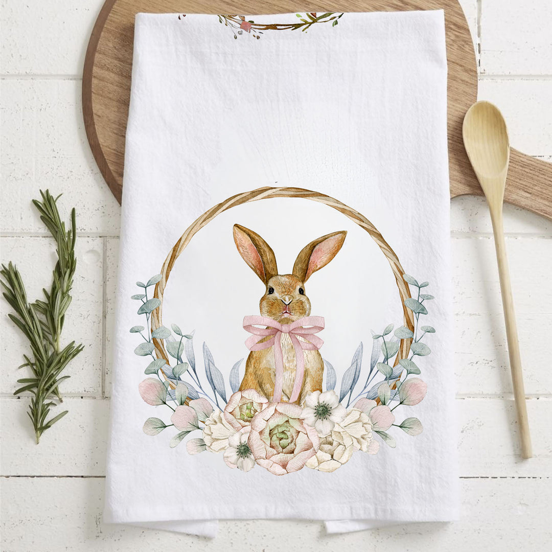 Rustic Bunny Wreath Cotton Kitchen Tea Towel Farmhouse Easter Decor Great Gifts