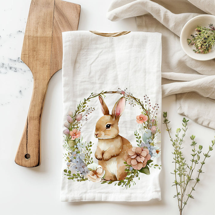 Rustic Bunny Wreath Cotton Kitchen Tea Towel Farmhouse Easter Decor Great Gifts