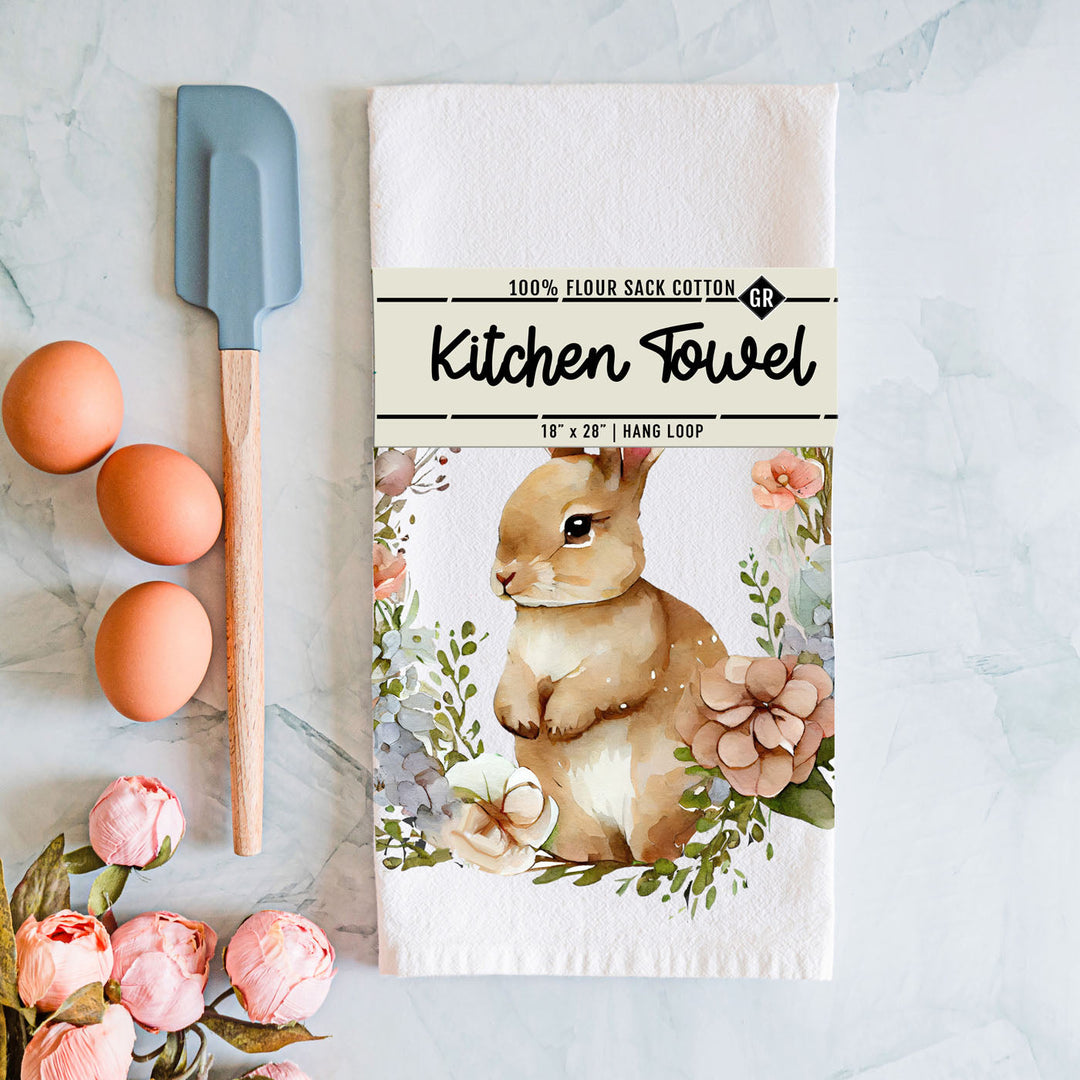 Rustic Bunny Wreath Cotton Kitchen Tea Towel Farmhouse Easter Decor Great Gifts