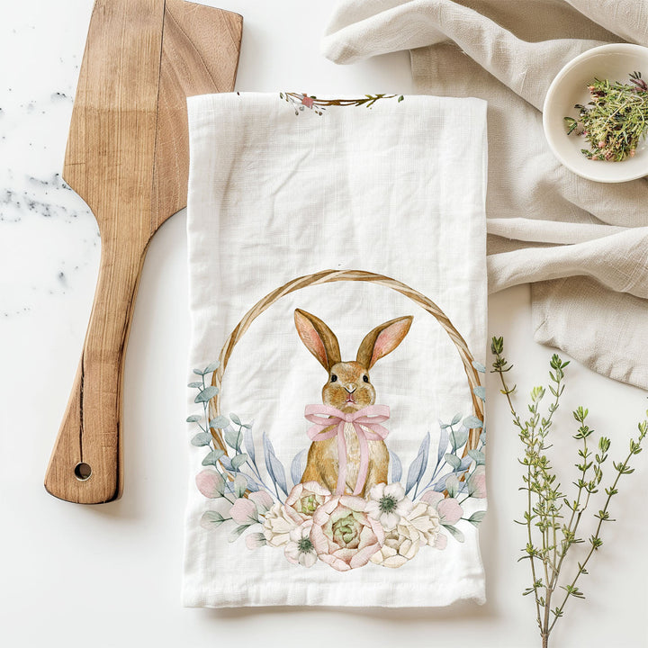 Rustic Bunny Wreath Cotton Kitchen Tea Towel Farmhouse Easter Decor Great Gifts
