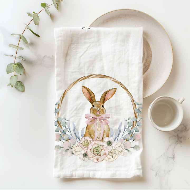 Rustic Bunny Wreath Cotton Kitchen Tea Towel Farmhouse Easter Decor Great Gifts