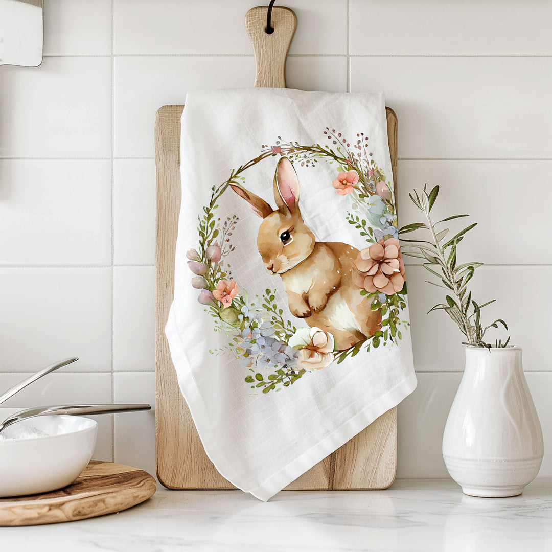 Rustic Bunny Wreath Cotton Kitchen Tea Towel Farmhouse Easter Decor Great Gifts