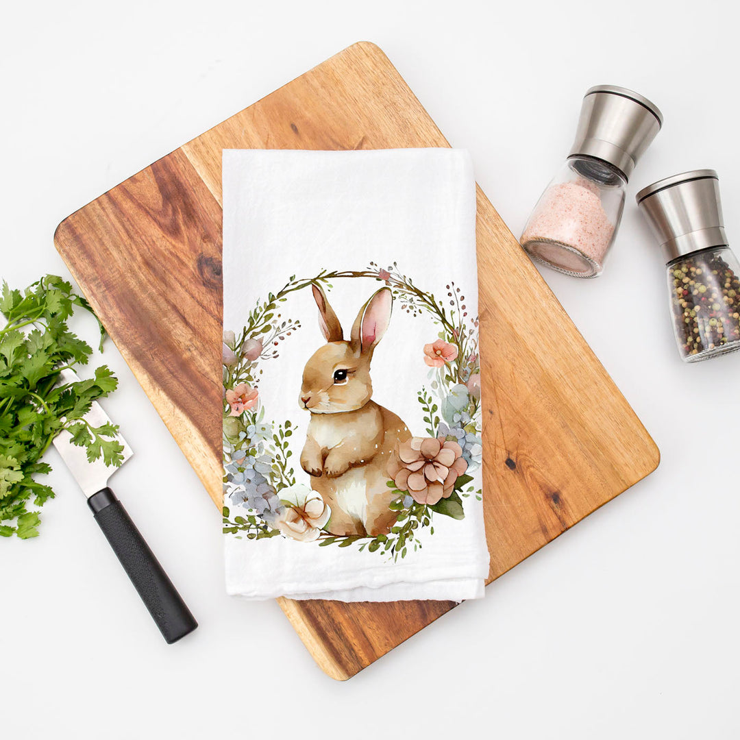 Rustic Bunny Wreath Cotton Kitchen Tea Towel Farmhouse Easter Decor Great Gifts