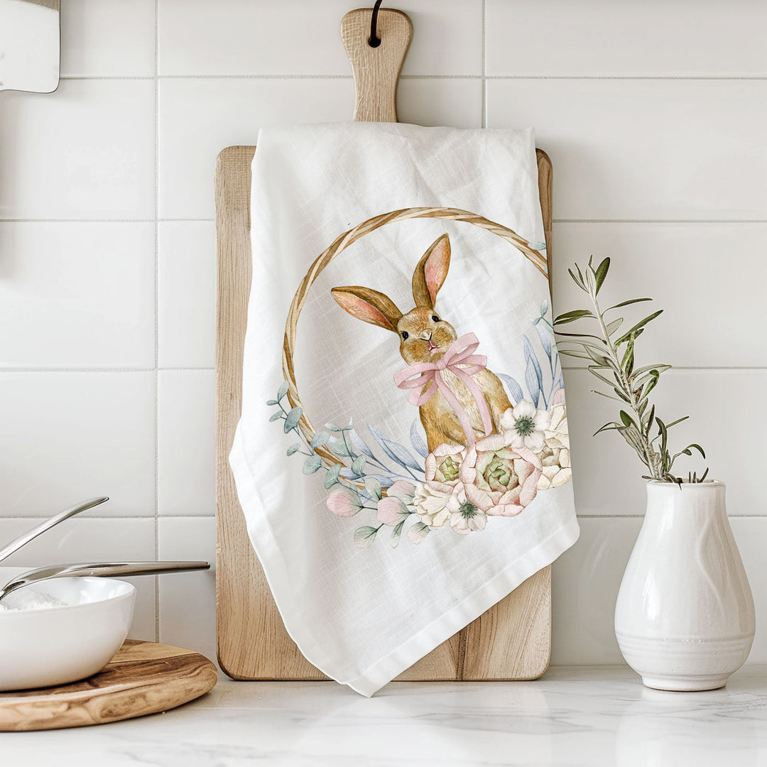 Rustic Bunny Wreath Cotton Kitchen Tea Towel Farmhouse Easter Decor Great Gifts
