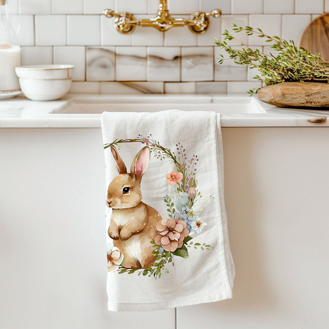 Rustic Bunny Wreath Cotton Kitchen Tea Towel Farmhouse Easter Decor Great Gifts