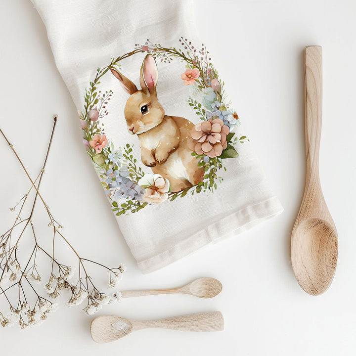 Rustic Bunny Wreath Cotton Kitchen Tea Towel Farmhouse Easter Decor Great Gifts