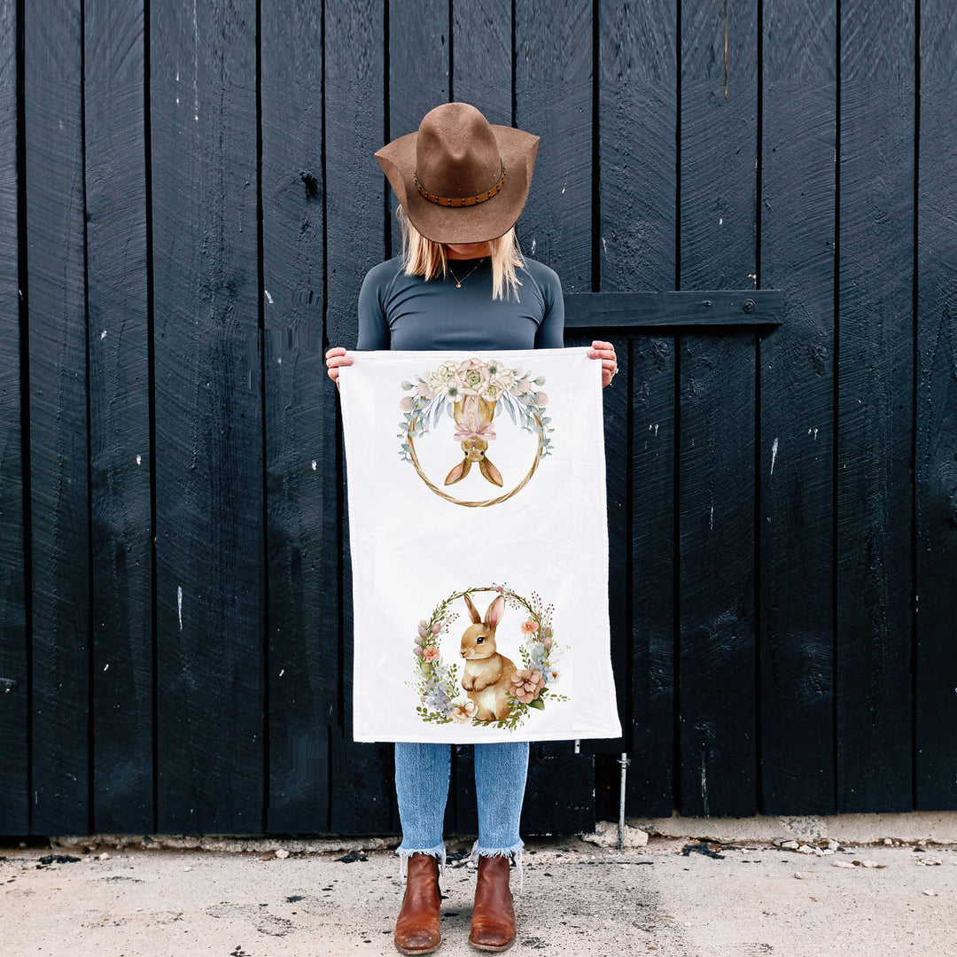 Rustic Bunny Wreath Cotton Kitchen Tea Towel Farmhouse Easter Decor Great Gifts
