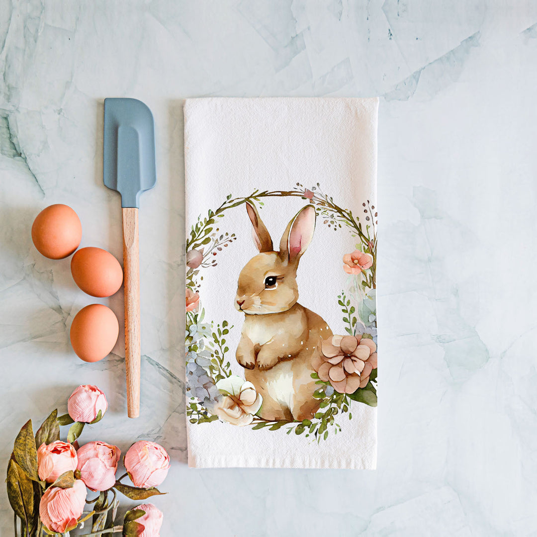 Rustic Bunny Wreath Cotton Kitchen Tea Towel Farmhouse Easter Decor Great Gifts