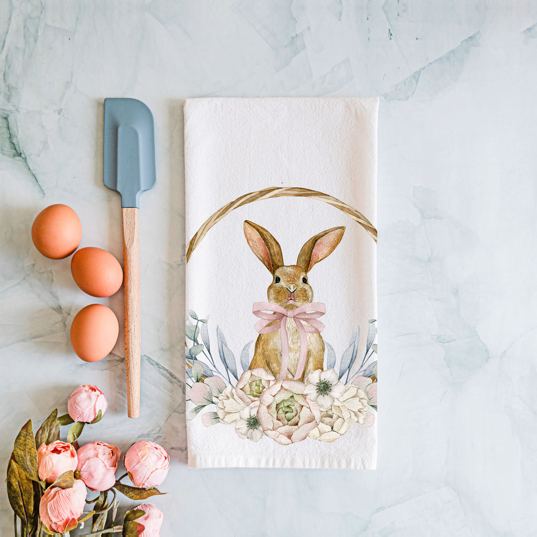 Rustic Bunny Wreath Cotton Kitchen Tea Towel Farmhouse Easter Decor Great Gifts