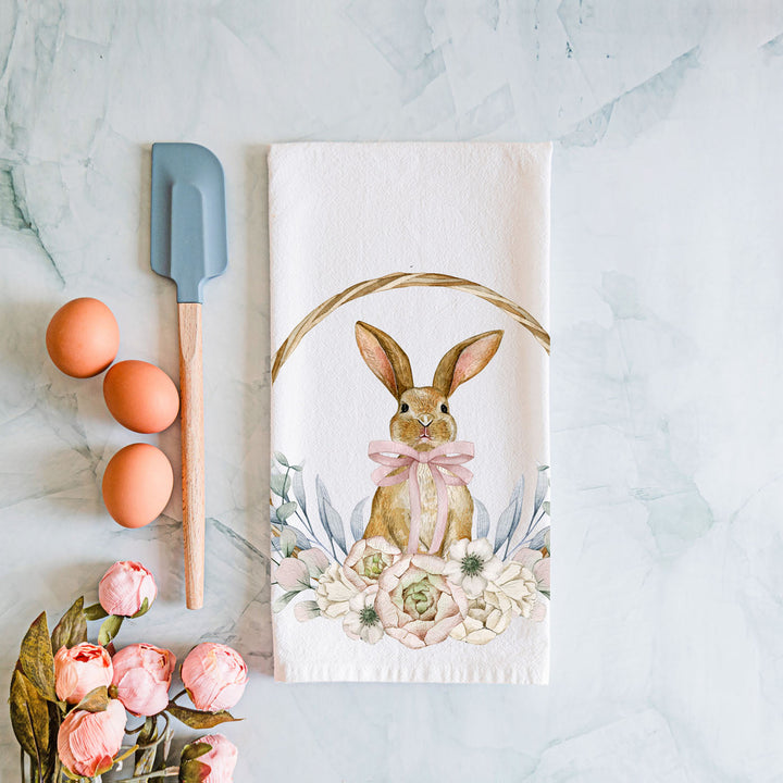 Rustic Bunny Wreath Cotton Kitchen Tea Towel Farmhouse Easter Decor Great Gifts