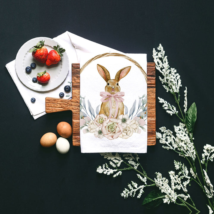 Rustic Bunny Wreath Cotton Kitchen Tea Towel Farmhouse Easter Decor Great Gifts