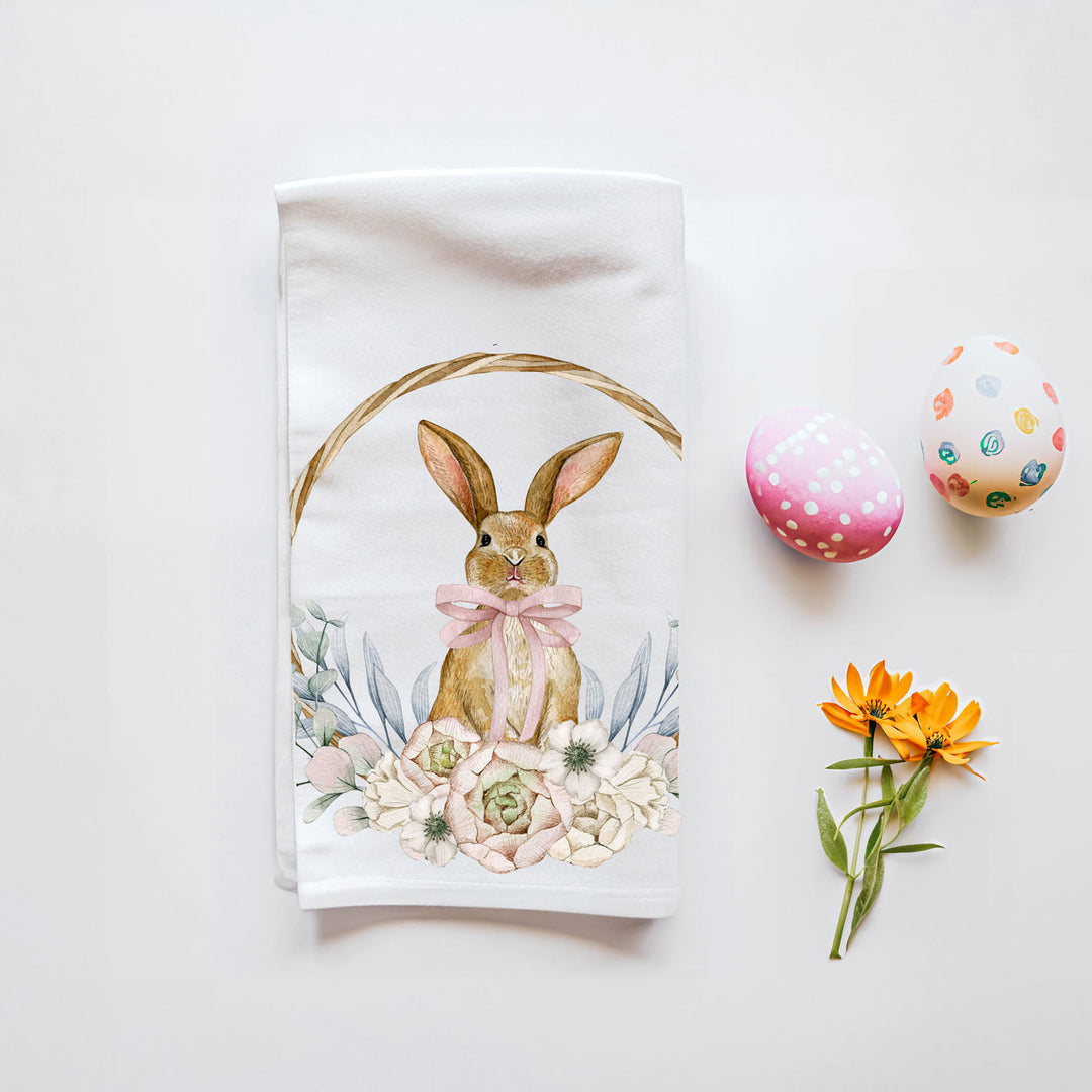 Rustic Bunny Wreath Cotton Kitchen Tea Towel Farmhouse Easter Decor Great Gifts