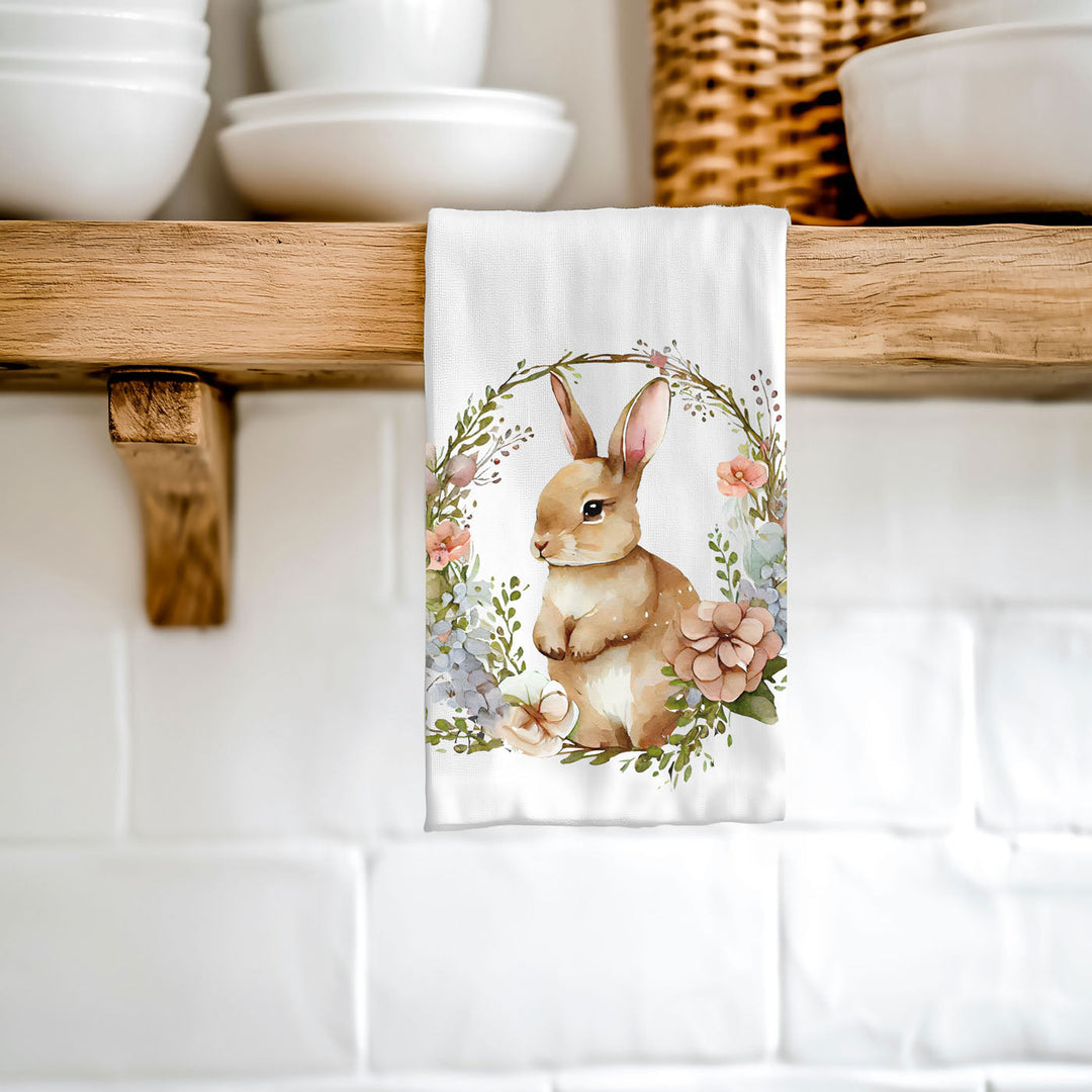 Rustic Bunny Wreath Cotton Kitchen Tea Towel Farmhouse Easter Decor Great Gifts