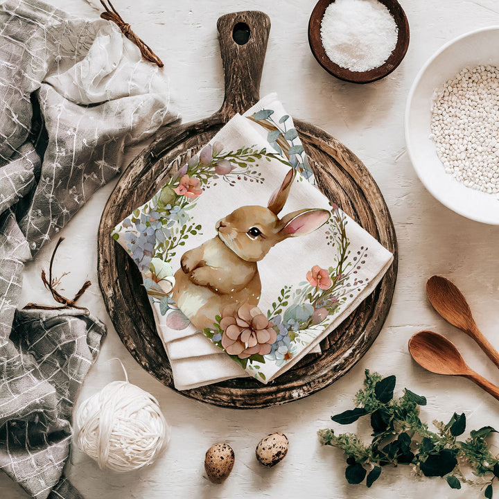 Rustic Bunny Wreath Cotton Kitchen Tea Towel Farmhouse Easter Decor Great Gifts