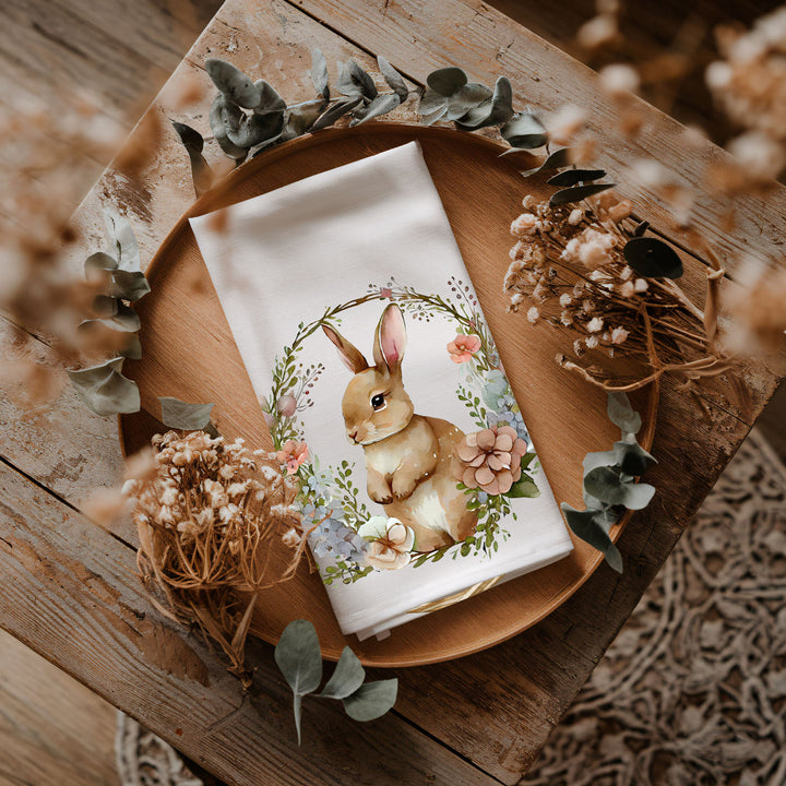 Rustic Bunny Wreath Cotton Kitchen Tea Towel Farmhouse Easter Decor Great Gifts
