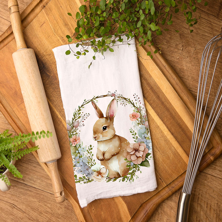 Rustic Bunny Wreath Cotton Kitchen Tea Towel Farmhouse Easter Decor Great Gifts