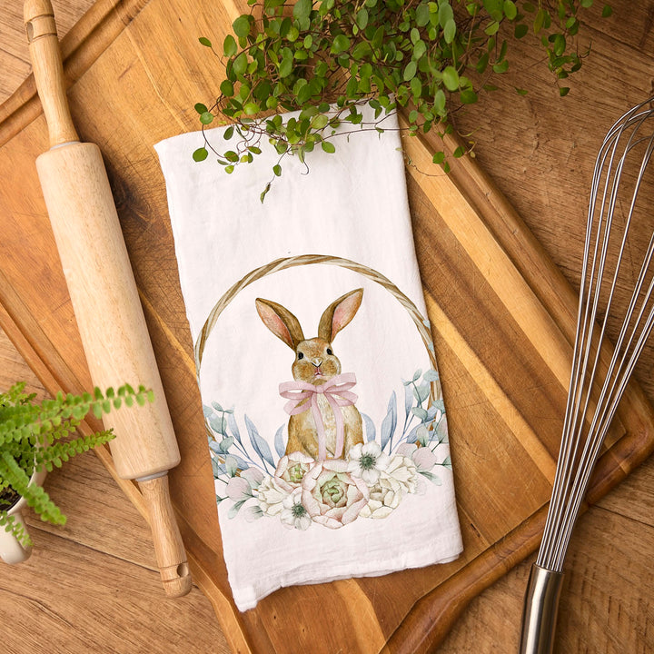 Rustic Bunny Wreath Cotton Kitchen Tea Towel Farmhouse Easter Decor Great Gifts