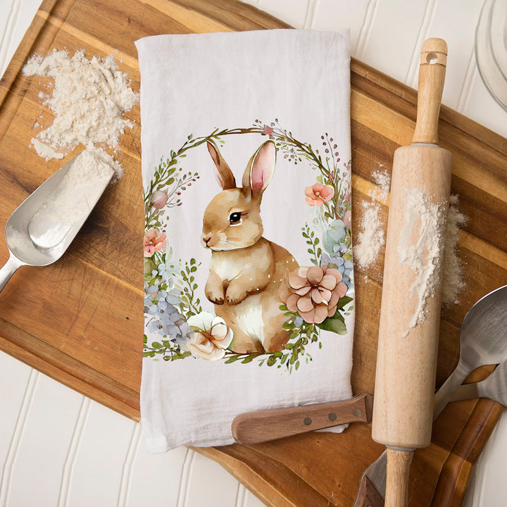 Rustic Bunny Wreath Cotton Kitchen Tea Towel Farmhouse Easter Decor Great Gifts