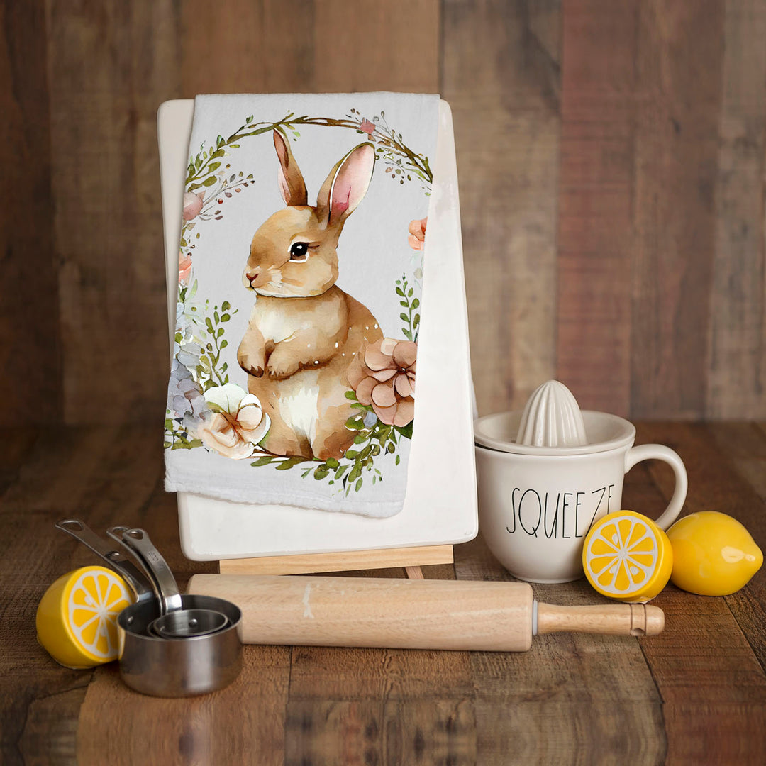 Rustic Bunny Wreath Cotton Kitchen Tea Towel Farmhouse Easter Decor Great Gifts