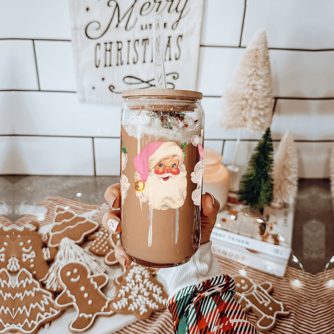 Vintage Pink Santa Glass Tumbler 17oz Christmas Holiday Great Gift for Friends