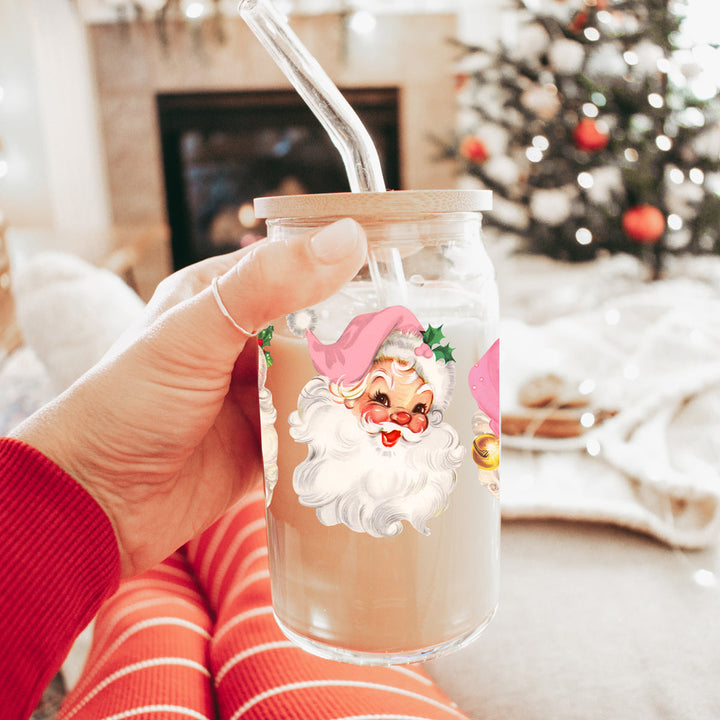 Vintage Pink Santa Glass Tumbler 17oz Christmas Holiday Great Gift for Friends