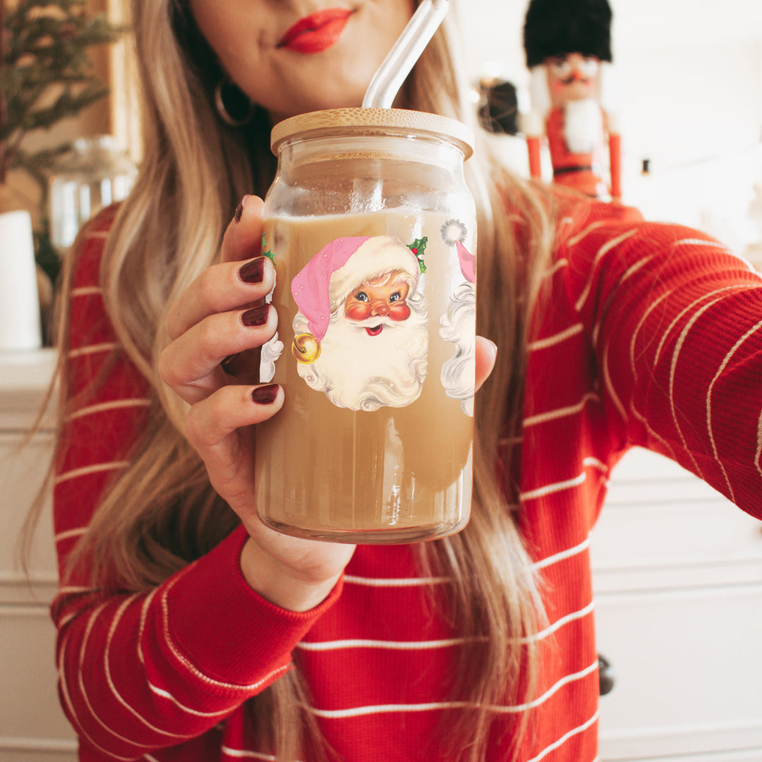 Vintage Pink Santa Glass Tumbler 17oz Christmas Holiday Great Gift for Friends