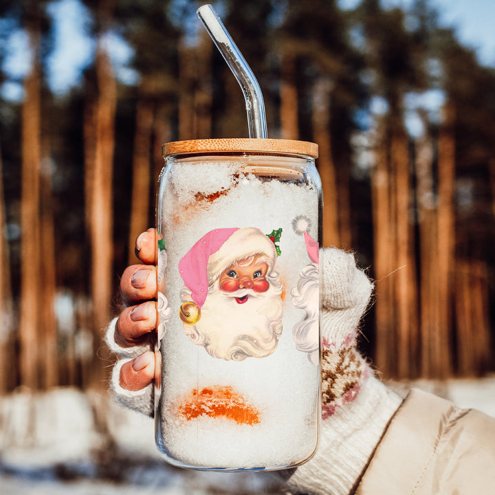Vintage Pink Santa Glass Tumbler 17oz Christmas Holiday Great Gift for Friends