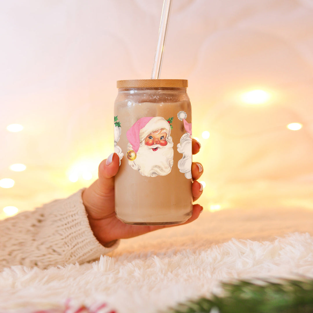 Vintage Pink Santa Glass Tumbler 17oz Christmas Holiday Great Gift for Friends