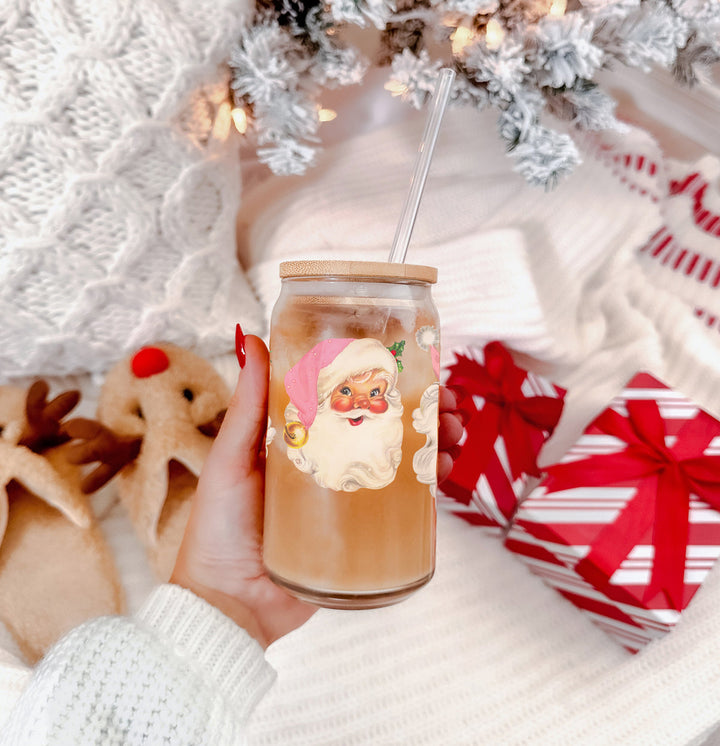 Vintage Pink Santa Glass Tumbler 17oz Christmas Holiday Great Gift for Friends