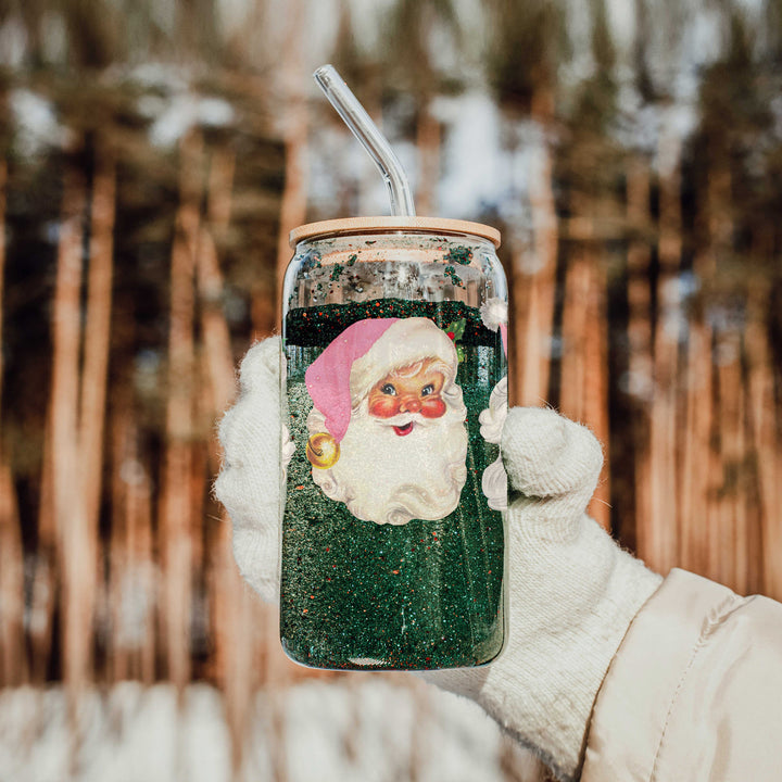 Vintage Pink Santa Glass Tumbler 17oz Christmas Holiday Great Gift for Friends