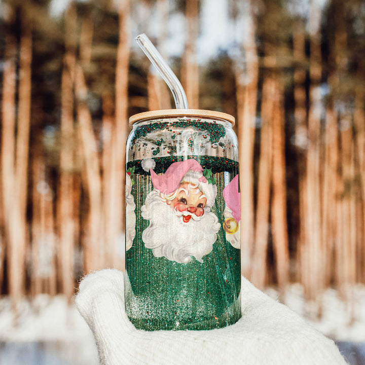 Vintage Pink Santa Glass Tumbler 17oz Christmas Holiday Great Gift for Friends