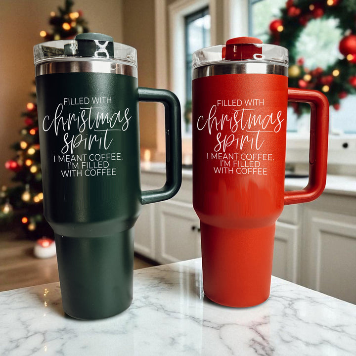 Christmas Spirit Insulated Tumbler 40oz Handle Lid Straw Holiday Great Gift Idea