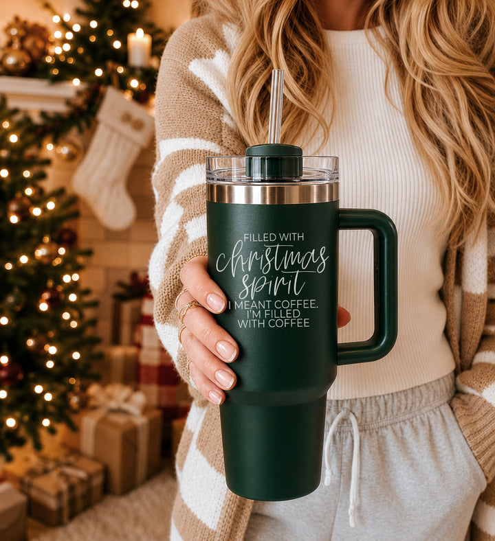 Christmas Spirit Insulated Tumbler 40oz Handle Lid Straw Holiday Great Gift Idea