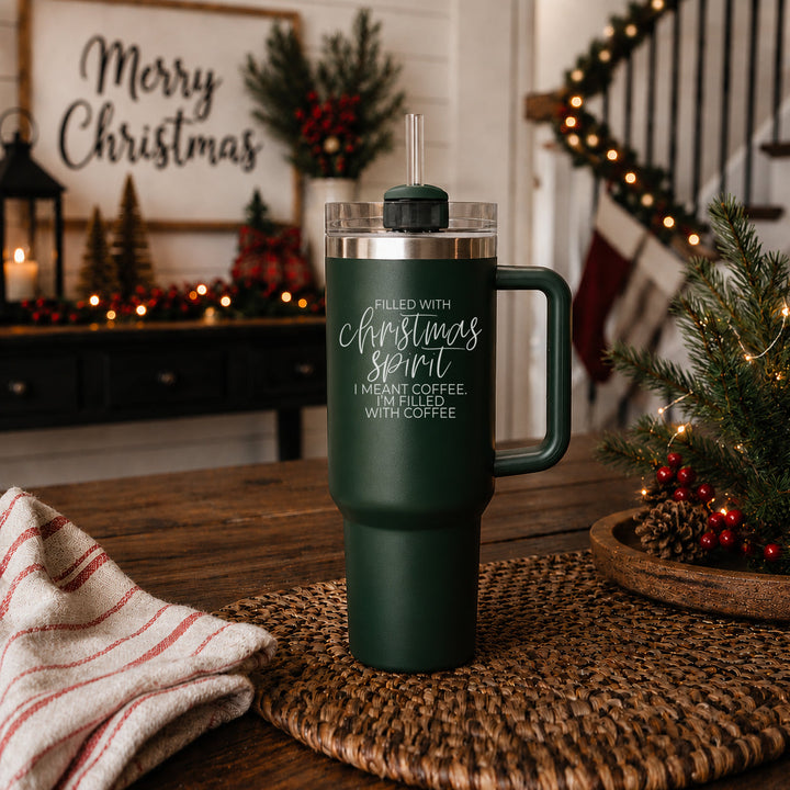Christmas Spirit Insulated Tumbler 40oz Handle Lid Straw Holiday Great Gift Idea