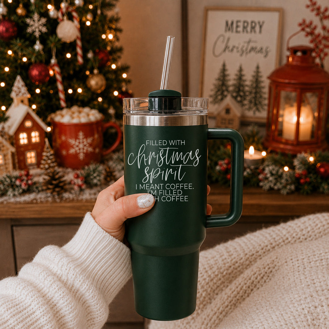 Christmas Spirit Insulated Tumbler 40oz Handle Lid Straw Holiday Great Gift Idea