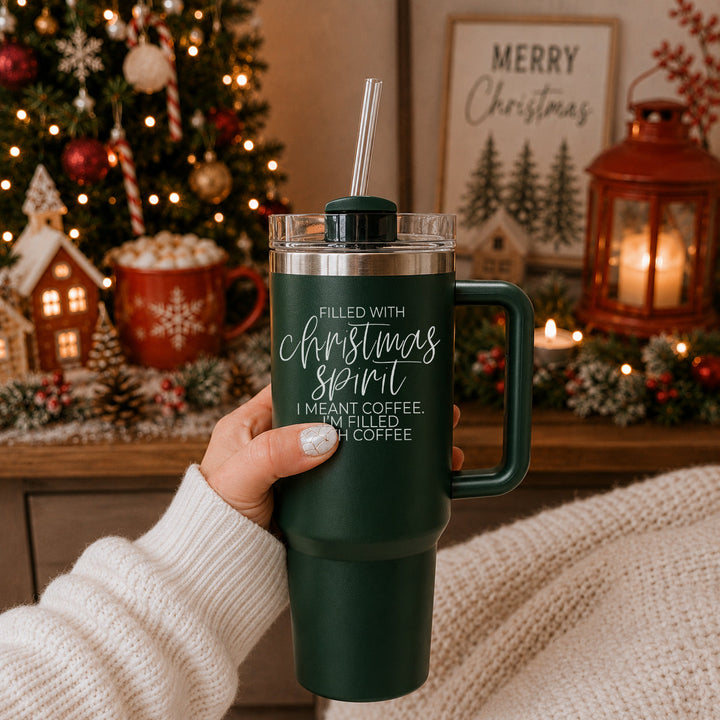 Christmas Spirit Insulated Tumbler 40oz Handle Lid Straw Holiday Great Gift Idea