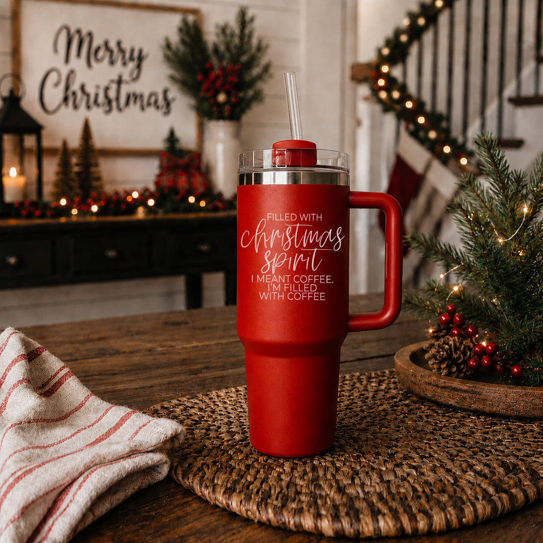 Christmas Spirit Insulated Tumbler 40oz Handle Lid Straw Holiday Great Gift Idea