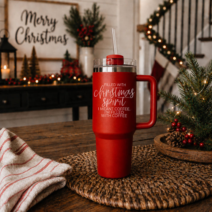Christmas Spirit Insulated Tumbler 40oz Handle Lid Straw Holiday Great Gift Idea