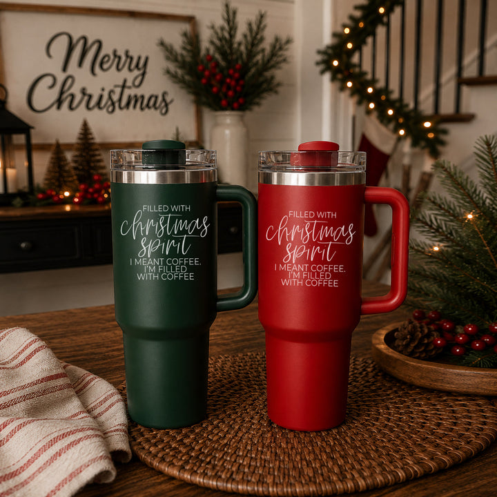 Christmas Spirit Insulated Tumbler 40oz Handle Lid Straw Holiday Great Gift Idea