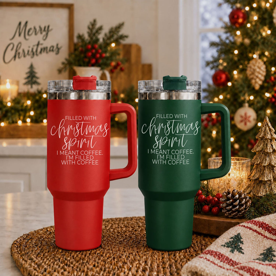 Christmas Spirit Insulated Tumbler 40oz Handle Lid Straw Holiday Great Gift Idea