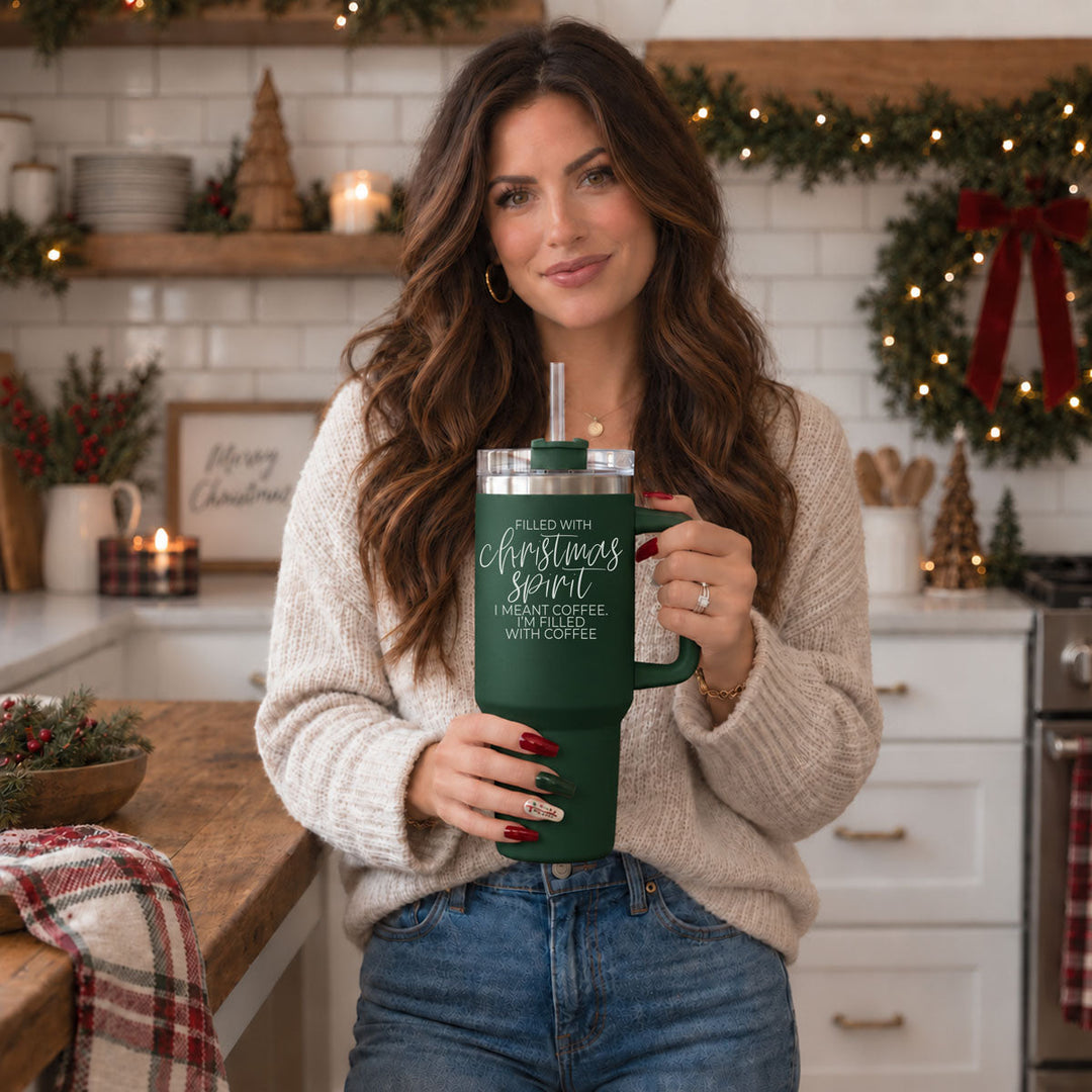 Christmas Spirit Insulated Tumbler 40oz Handle Lid Straw Holiday Great Gift Idea