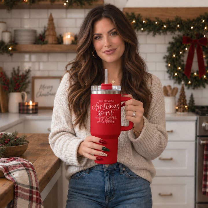Christmas Spirit Insulated Tumbler 40oz Handle Lid Straw Holiday Great Gift Idea