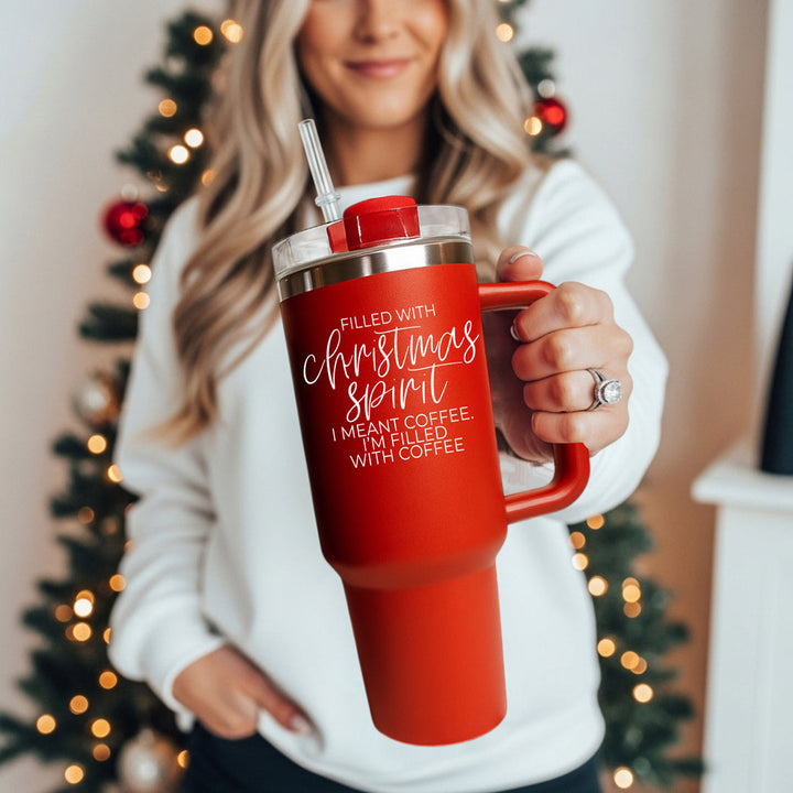 Christmas Spirit Insulated Tumbler 40oz Handle Lid Straw Holiday Great Gift Idea