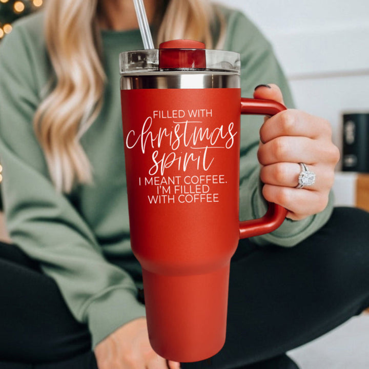 Christmas Spirit Insulated Tumbler 40oz Handle Lid Straw Holiday Great Gift Idea
