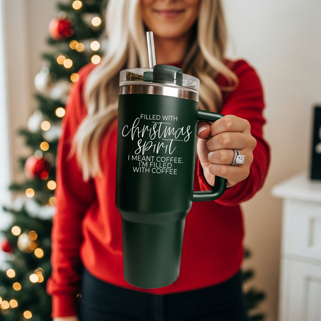 Christmas Spirit Insulated Tumbler 40oz Handle Lid Straw Holiday Great Gift Idea