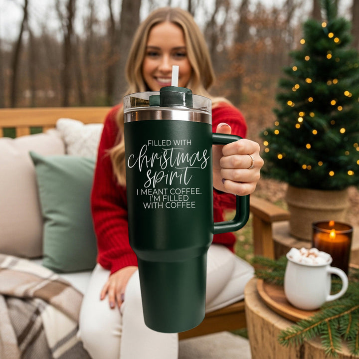 Christmas Spirit Insulated Tumbler 40oz Handle Lid Straw Holiday Great Gift Idea