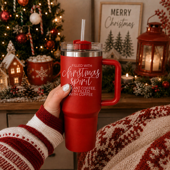 Christmas Spirit Insulated Tumbler 40oz Handle Lid Straw Holiday Great Gift Idea