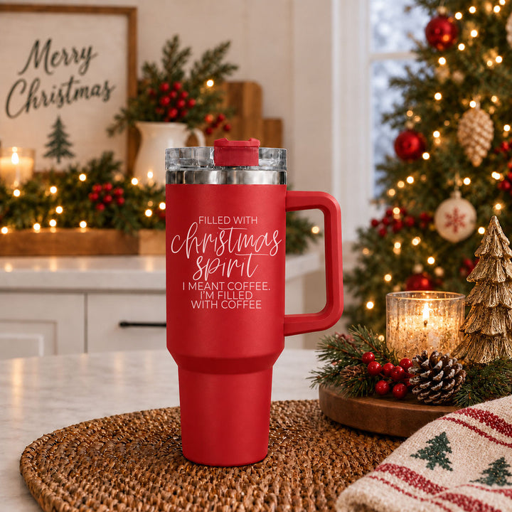 Christmas Spirit Insulated Tumbler 40oz Handle Lid Straw Holiday Great Gift Idea