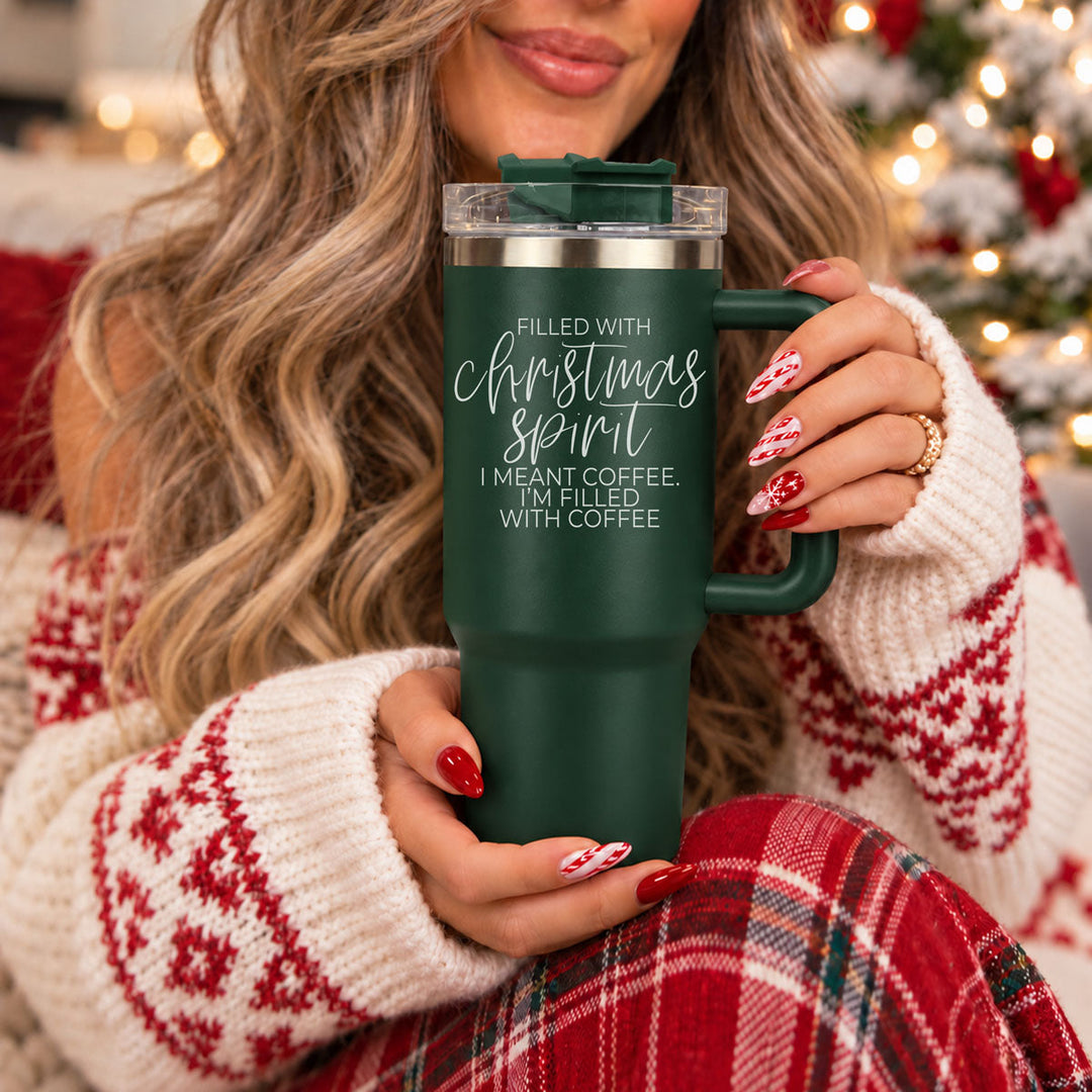 Christmas Spirit Insulated Tumbler 40oz Handle Lid Straw Holiday Great Gift Idea