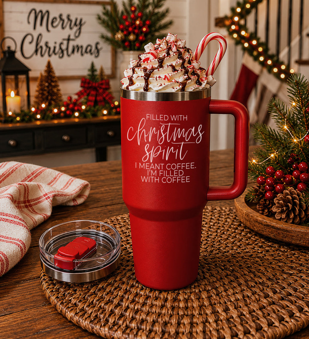 Christmas Spirit Insulated Tumbler 40oz Handle Lid Straw Holiday Great Gift Idea